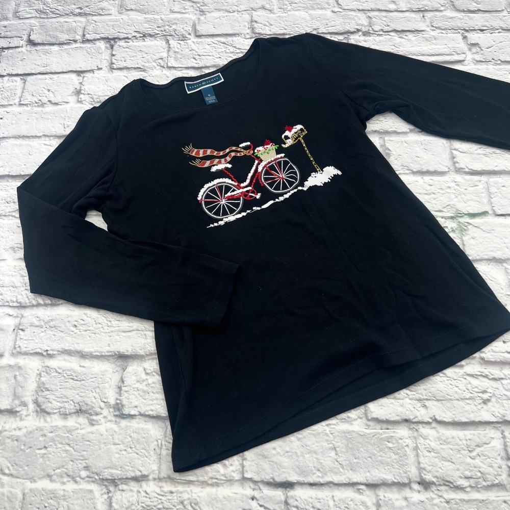 Karen Scott Womens Christmas Bicycle Long Sleeve T-Shirt Black Medium KS-V9